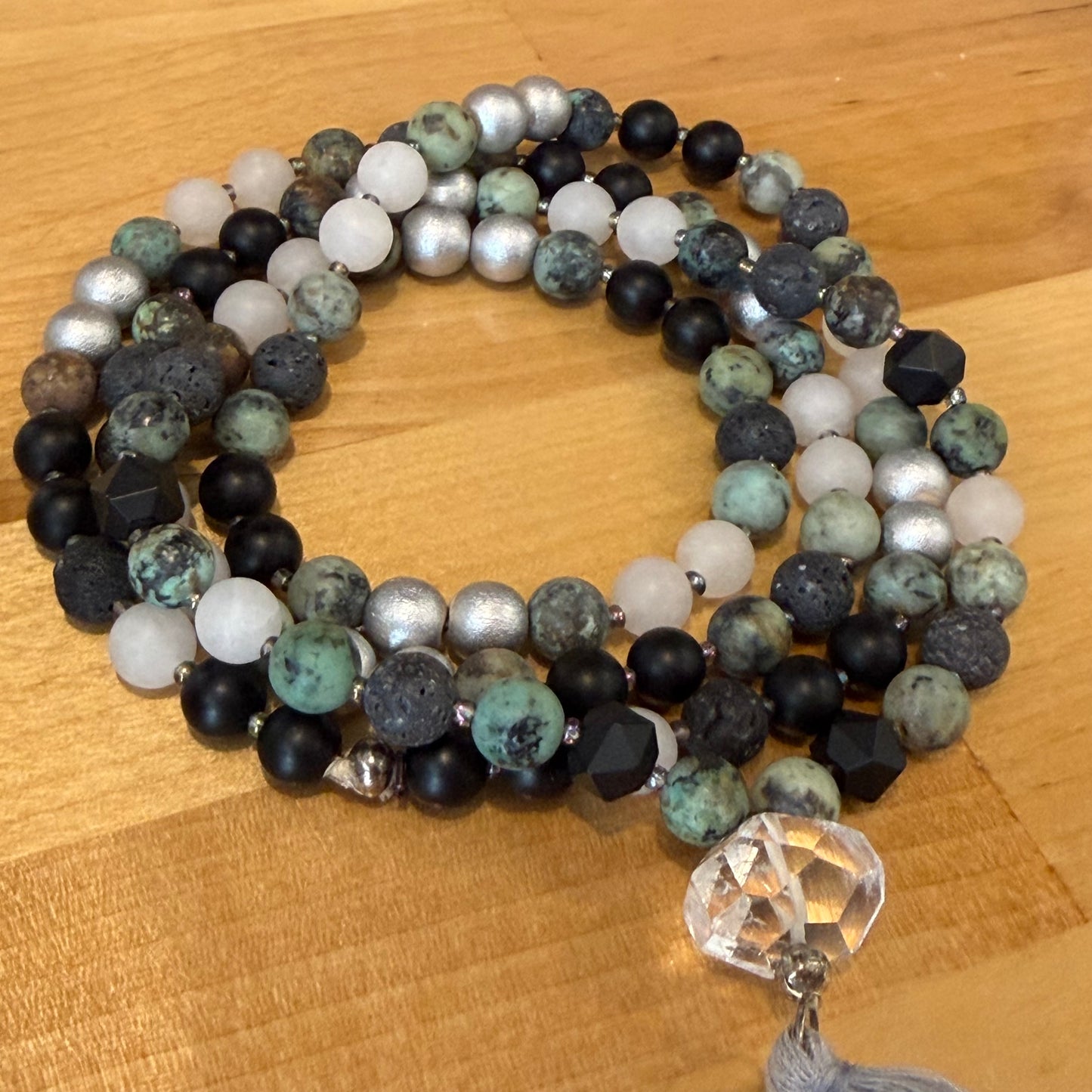 The Grounded Protector Mala: Peruvian Turquoise, Cloudy Quartz, Onyx, and Lava