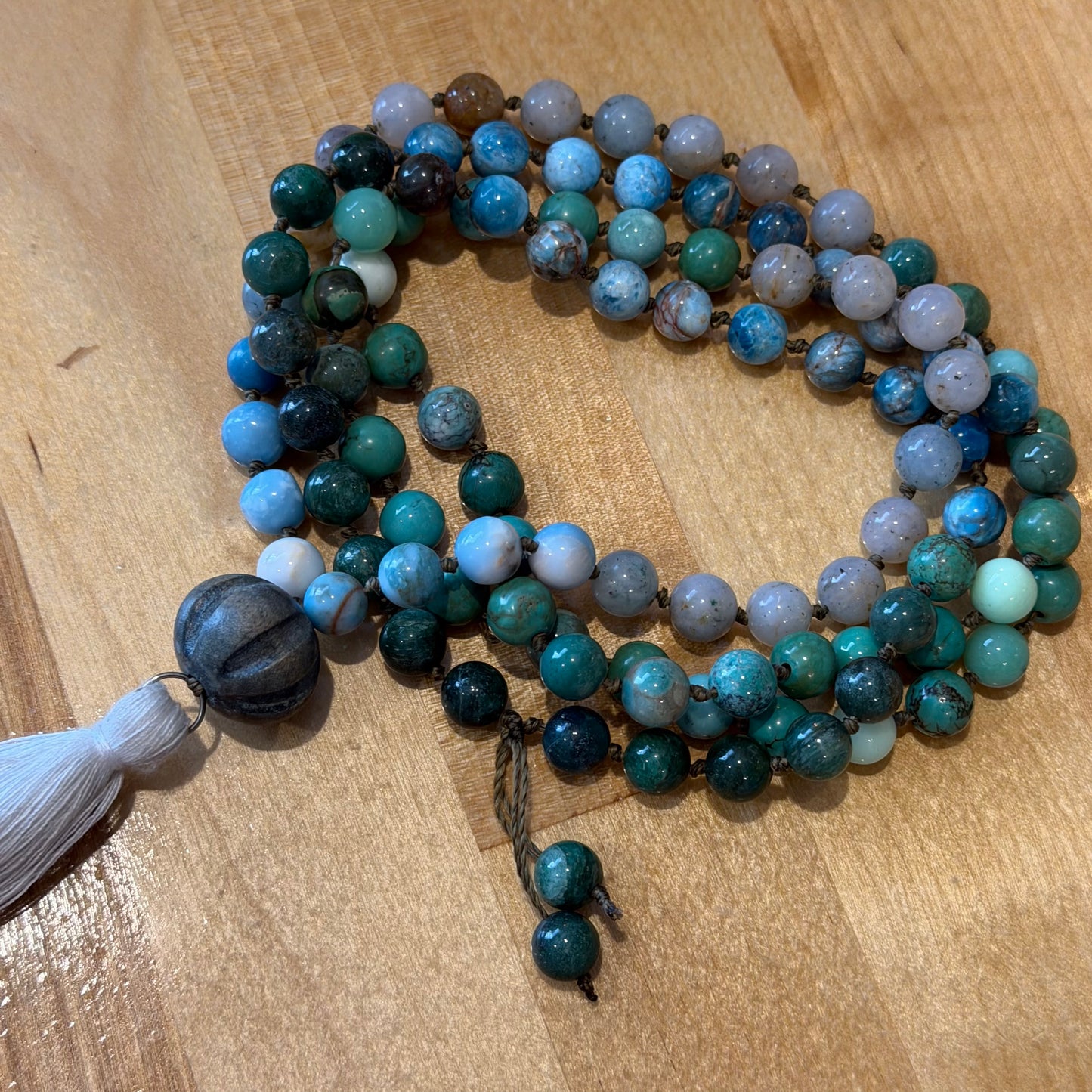 The Heart Speaker Hand-Tied Mala: Larimar, Moss Agate, African Turquoise, Green Mica