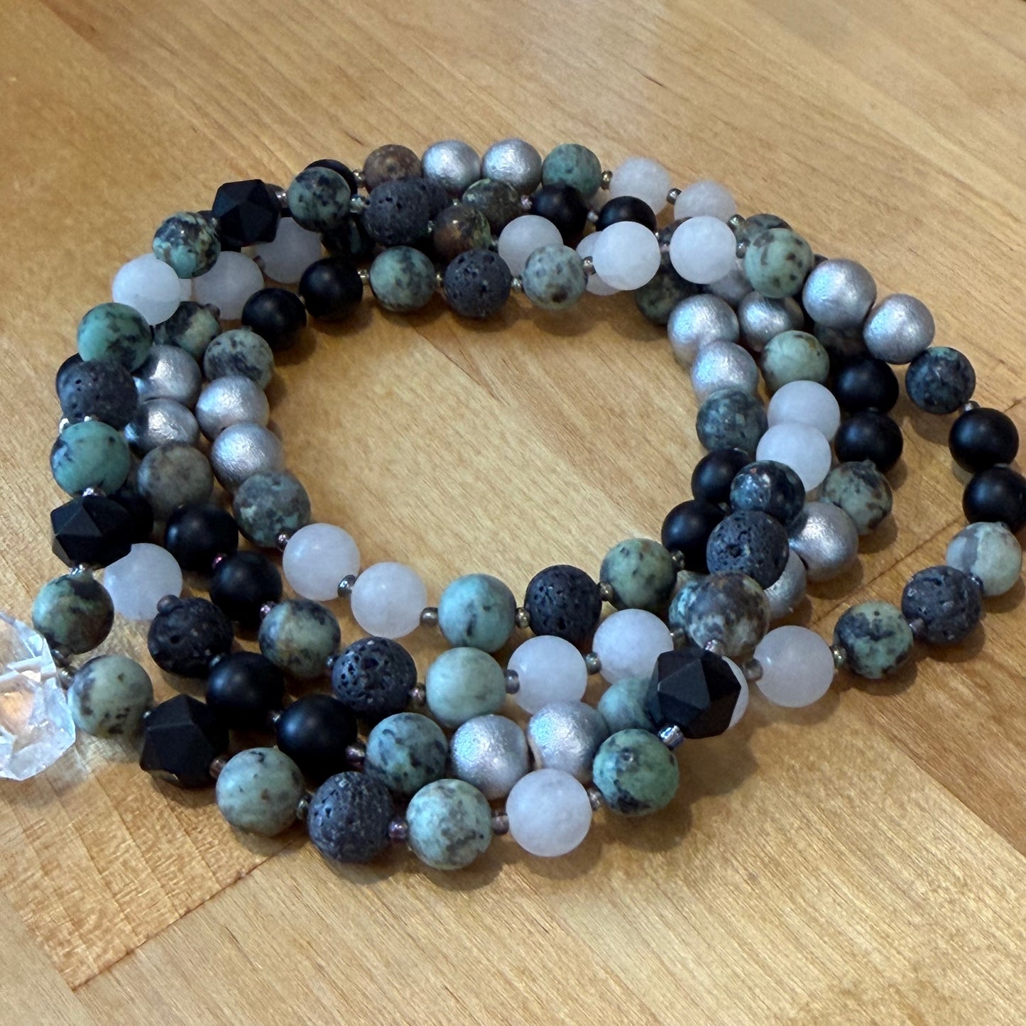 The Grounded Protector Mala: Peruvian Turquoise, Cloudy Quartz, Onyx, and Lava