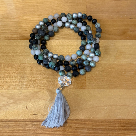 The Grounded Protector Mala: Peruvian Turquoise, Cloudy Quartz, Onyx, and Lava