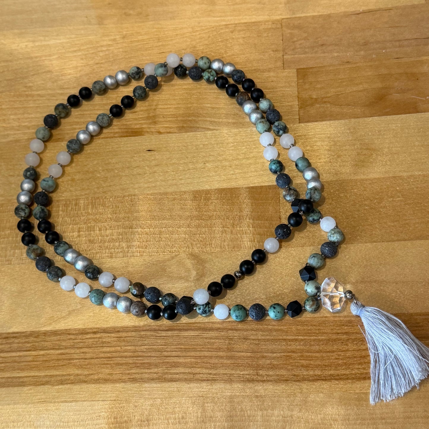 The Grounded Protector Mala: Peruvian Turquoise, Cloudy Quartz, Onyx, and Lava