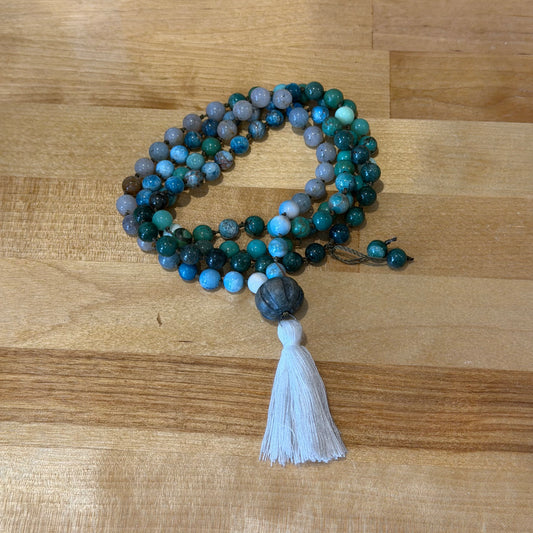 The Heart Speaker Hand-Tied Mala: Larimar, Moss Agate, African Turquoise, Green Mica