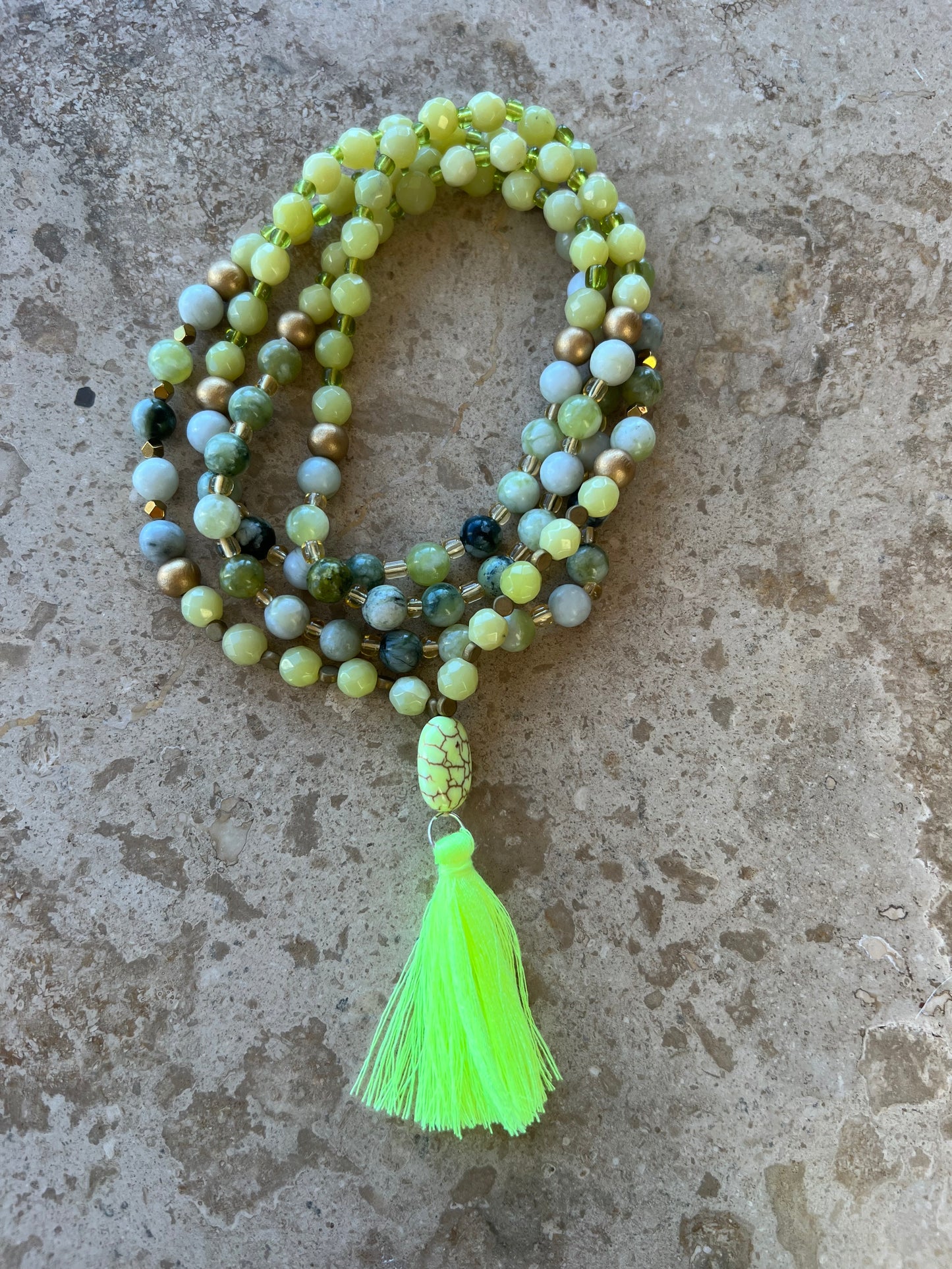 Jade, Tree Agate and Hematite Mala