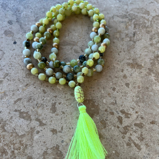 Jade, Tree Agate and Hematite Mala