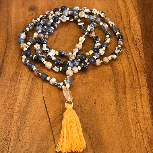 Sodalite and Quartz Mala