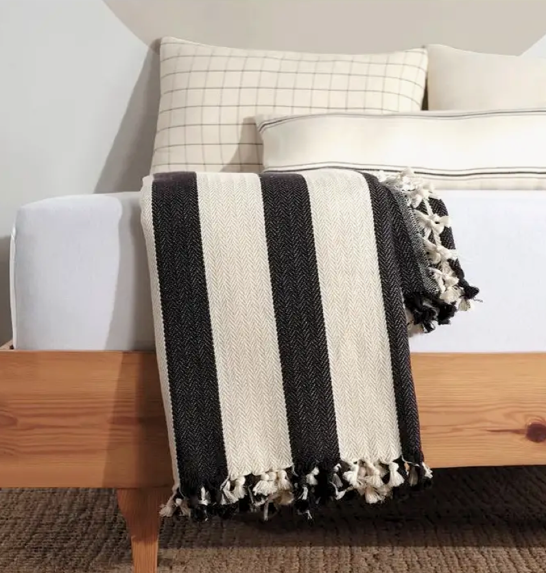 Black Striped Cream Throw Blanket